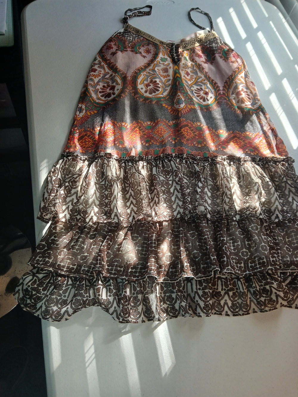EBand of Gypsies Multicolor Tiered A-Line Dress - Brown, Orange, Cream Size M